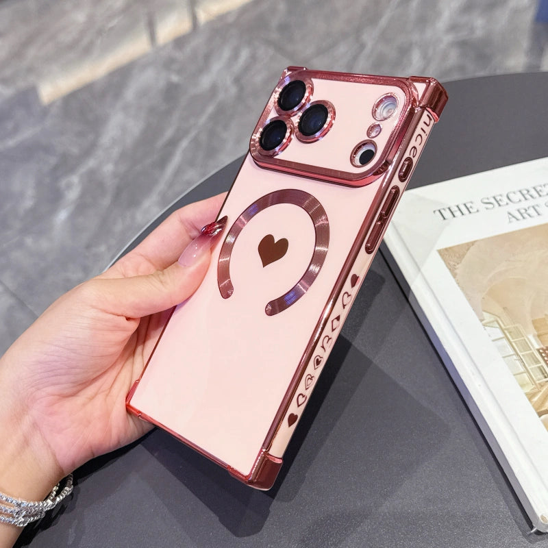 FANGCASE iPhone 17 Pro Max Heart Magnetic Case in Blush Pink with playful “NICE” side engraving and electroplated finish.