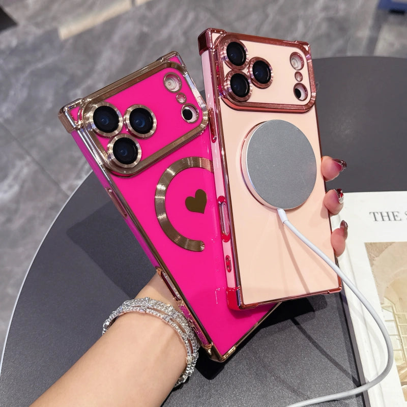FANGCASE iPhone 17 Pro Max Heart Magnetic Case in Berry Red and Blush Pink showcasing MagSafe charging alignment.