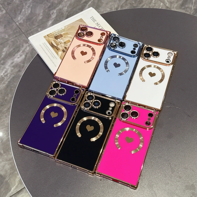 Full color lineup of FANGCASE iPhone 17 Pro Max Heart Magnetic Cases in Berry Red, Midnight Purple, Blush Pink, Skyline Blue, Pure White, and Jet Black.