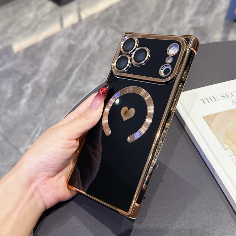 FANGCASE iPhone 17 Pro Max Heart Magnetic Case in Jet Black, slim protective grip with raised alloy bezel for lens protection.