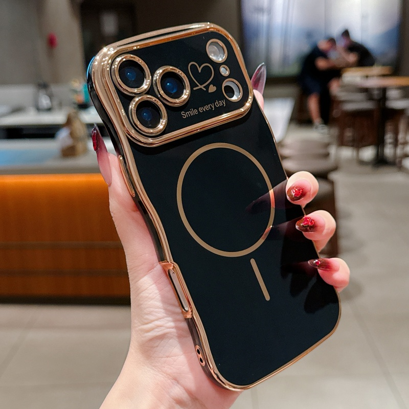 FANGCASE iPhone 17 Series Smile Every Day Magnetic Ring Wavy Case in Jet Black, with heart detail and electroplated frame.