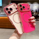 Two “Smile Every Day” iPhone 17 Series magnetic cases in Rose Pink and Berry Red, hand-held close-up.
