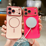 Two “Smile Every Day” magnetic iPhone 17 Series cases in light pink and berry red, hand-held with MagSafe charger.