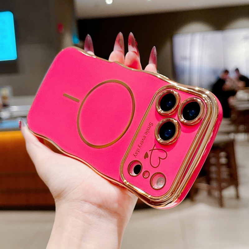 Close-up back view of Berry Red “Smile Every Day” magnetic iPhone 17 Series case, gold-trimmed.