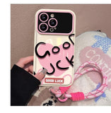 iPhone Case with Wrist Strap, Mirror & Foldable Stand, Shockproof Full Coverage
