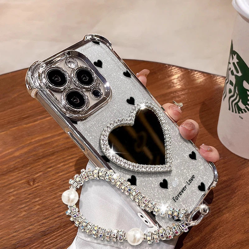 Heart Mirror iPhone Case – Crystal Frame, Built-in Mirror & Full Protection