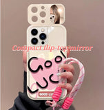 iPhone Case with Wrist Strap, Mirror & Foldable Stand, Shockproof Full Coverage