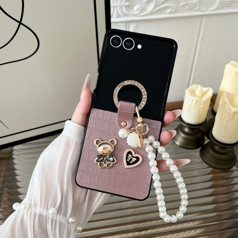 Teddy Charm Case + Pearl Wrist Strap | Croc Texture for Z Flip 3–7