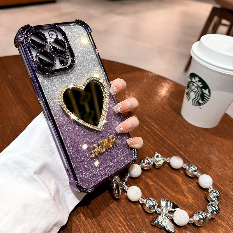 Sparkling Heart Mirror iPhone Case – Glitter & Rhinestone Design